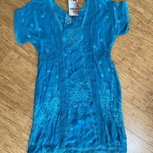 Johnny Was teal embroidered dress
